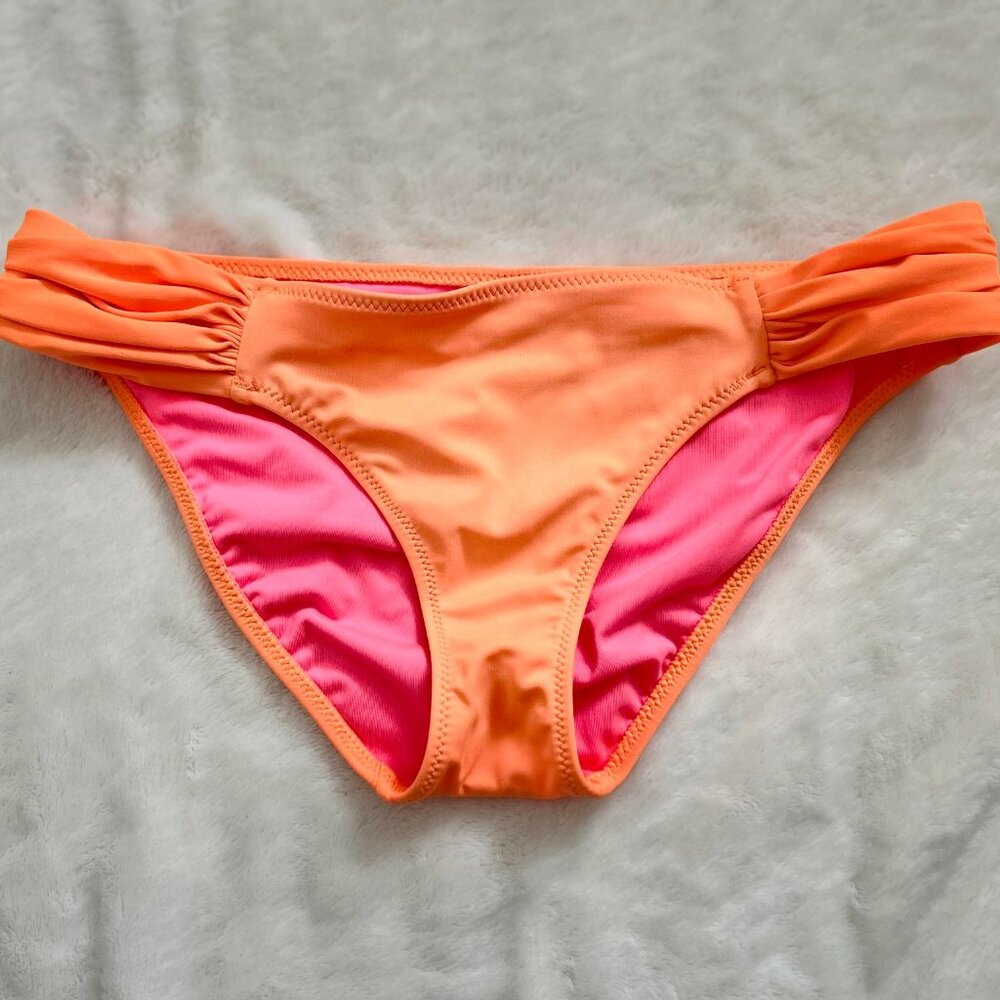 VS Neon Orange Ruched Hipped Bikini Bottoms (only) with Hot Pink Inside